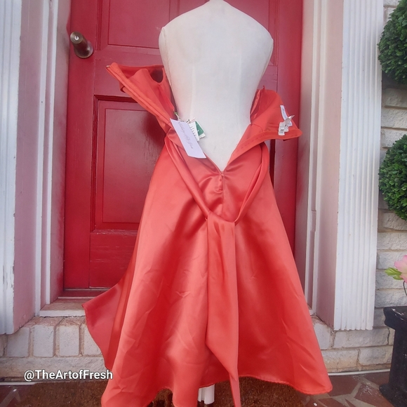 NWT Morilee Off the Shoulder Formal Orange Flounce Midi Formal Prom Dress - Picture 6 of 14